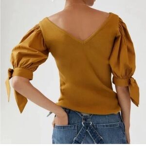 MAEVE BY ANTHROPOLOGIE mustard v neck top size small sleeves with ties